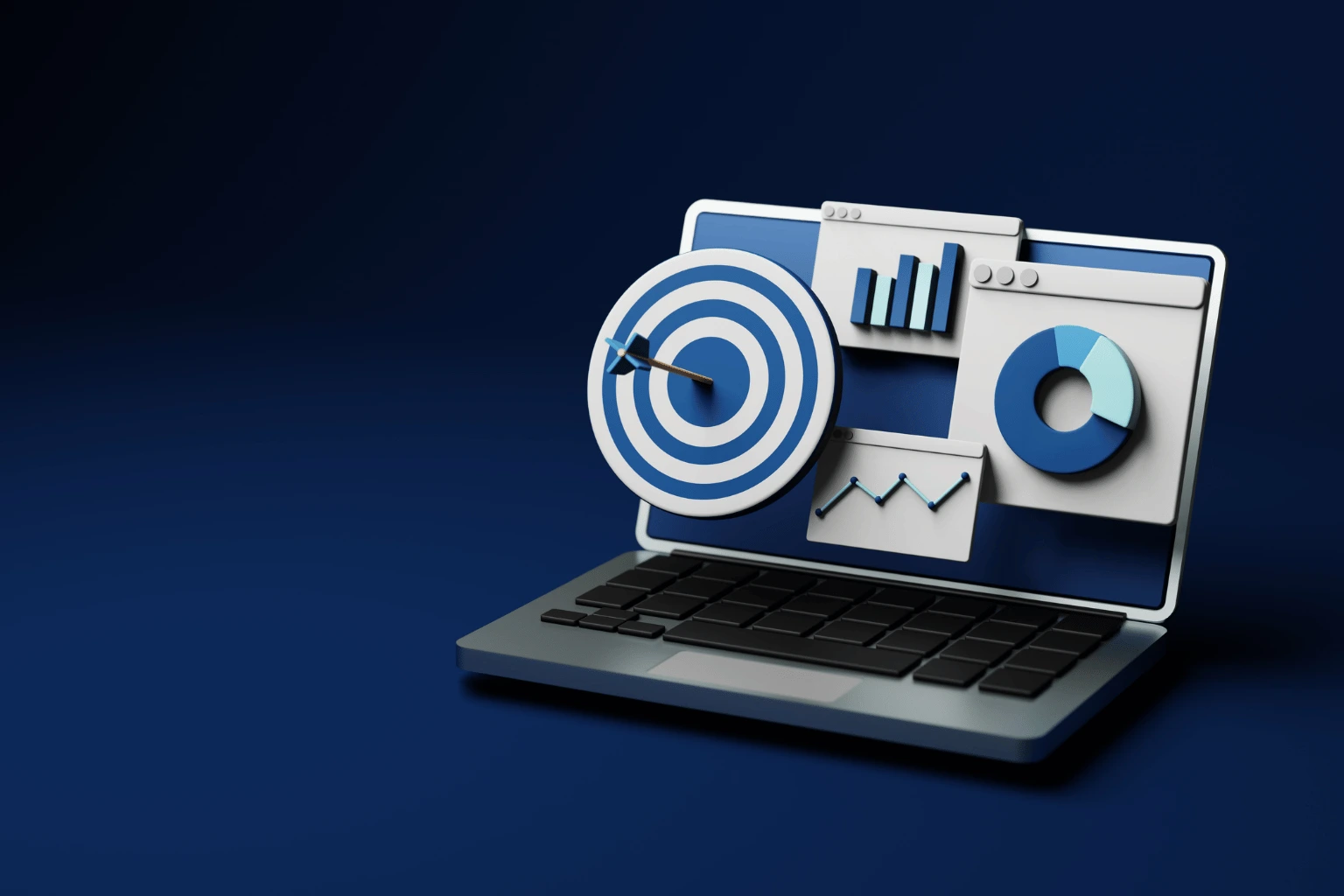 Ordinateur affichant des tableaux analytiques et une cible marketing illustrant l’optimisation du taux de conversion et la stratégie d’acquisition