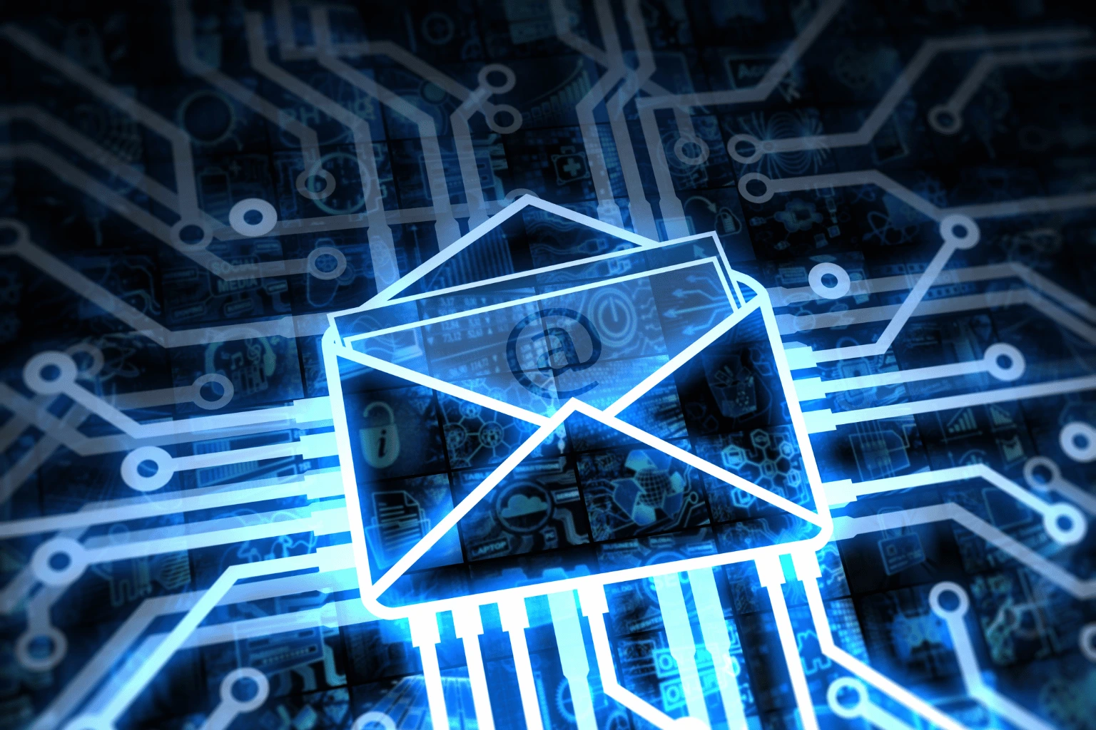 Icône d’email connecté à un réseau digital symbolisant l’automatisation email et la génération de leads qualifiés