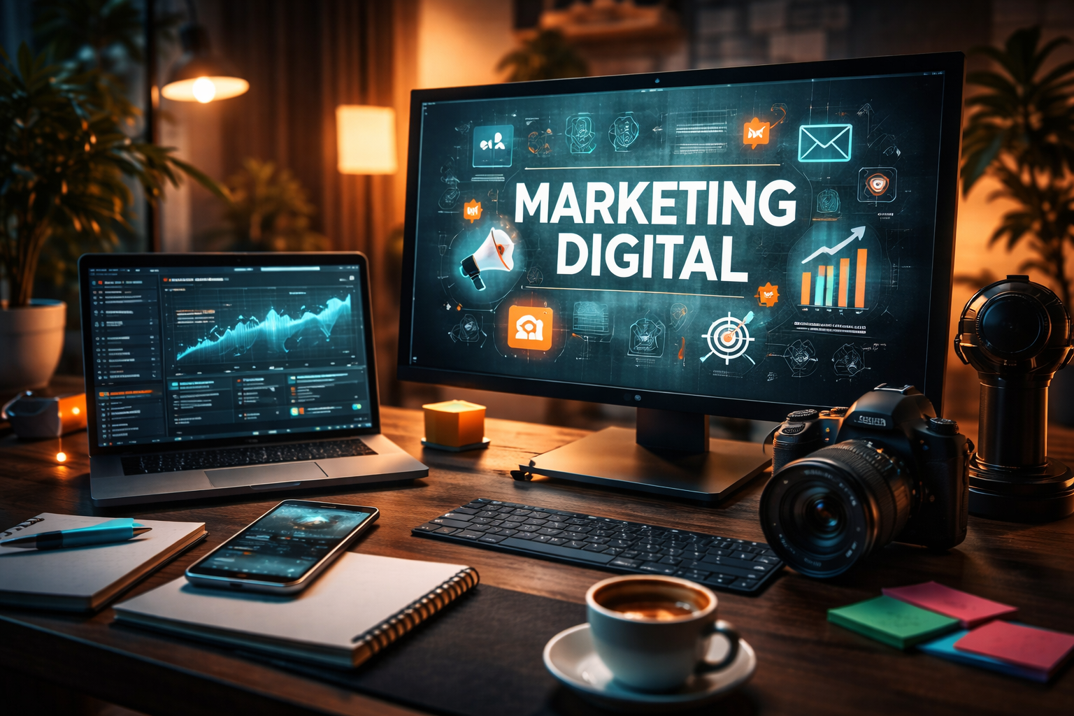 A modern digital workspace with Google Analytics, Google Ads, SEO, and CRM certifications displayed on a desk.