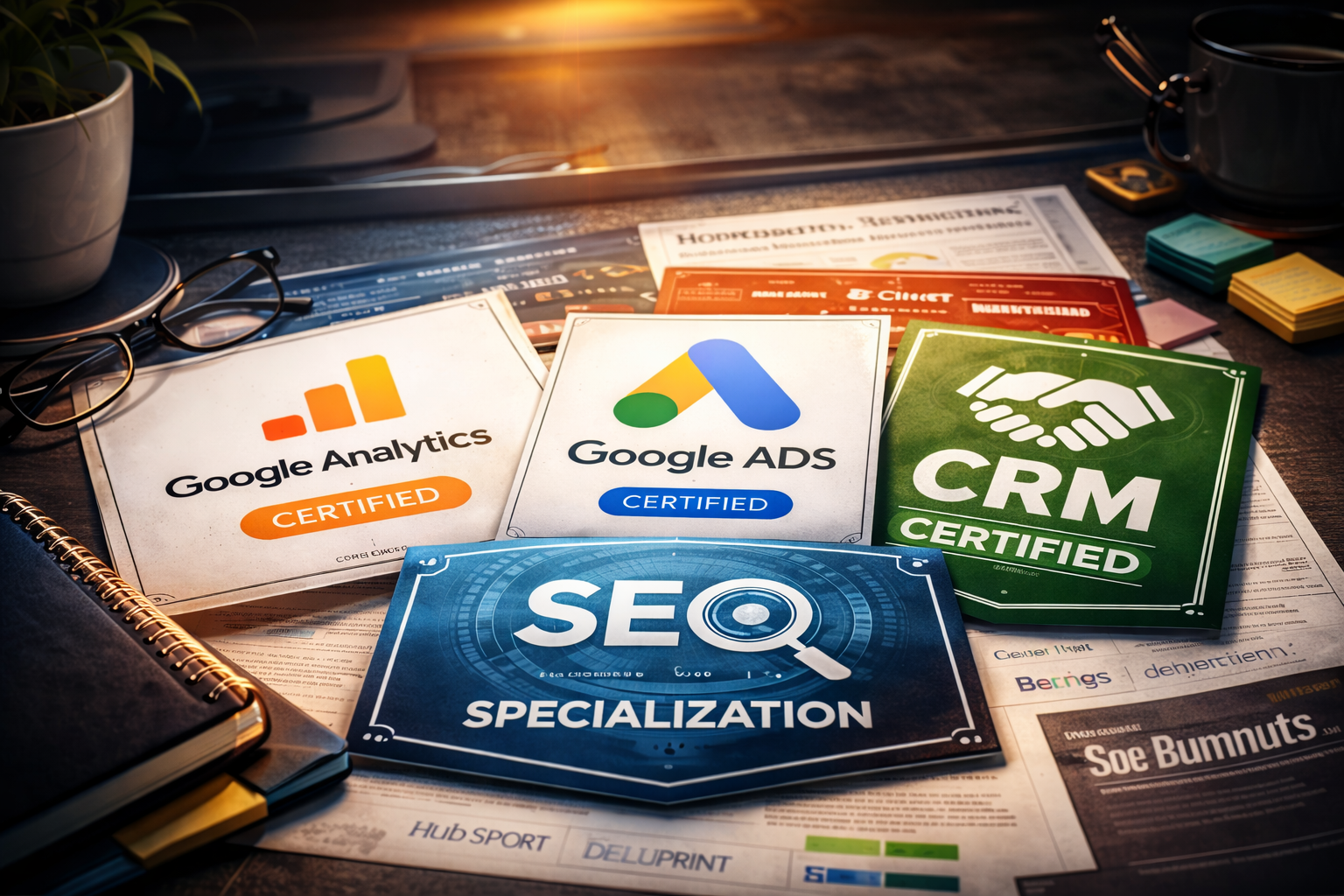 Collection of professional digital marketing certifications on a desk, including Google Analytics, Google Ads, SEO Specialization, and CRM.